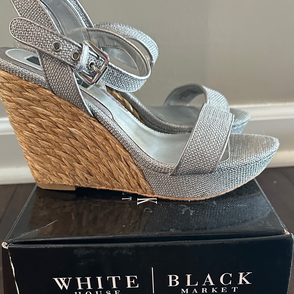 White House Black Market Silver Espadrille Wedge Sandals